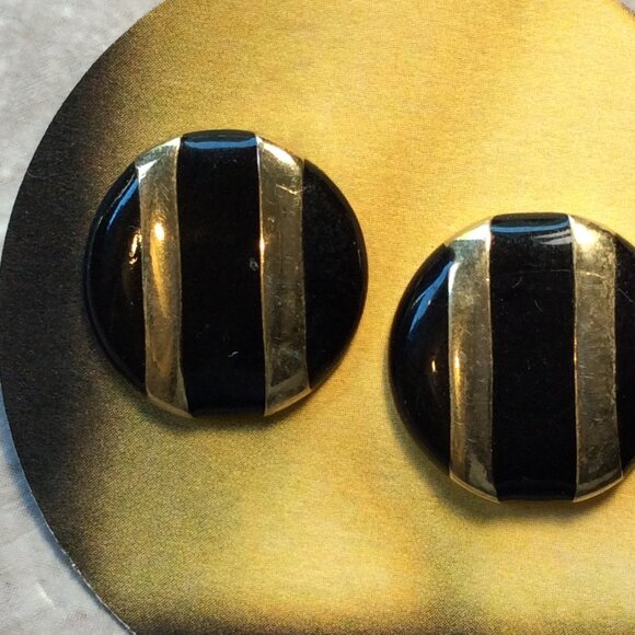 90s Black Gold Stripe Circle Earrings Retro Bold Elegance #VintageChic #90sGlam - Picture 1 of 4